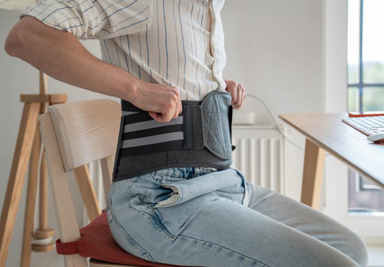 Close-up of young man adjusting his back brace while sitting at his desk at home