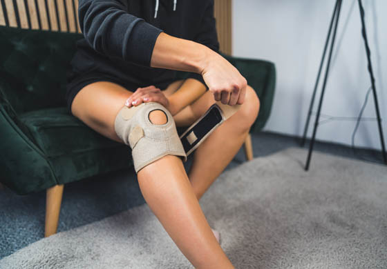 Close-up of woman strapping on a knee brace before a workout in her livingroom